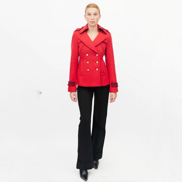 Smythe Red Double Breasted Pea Wool Coat with gold button size 4 - Picture 4 of 16
